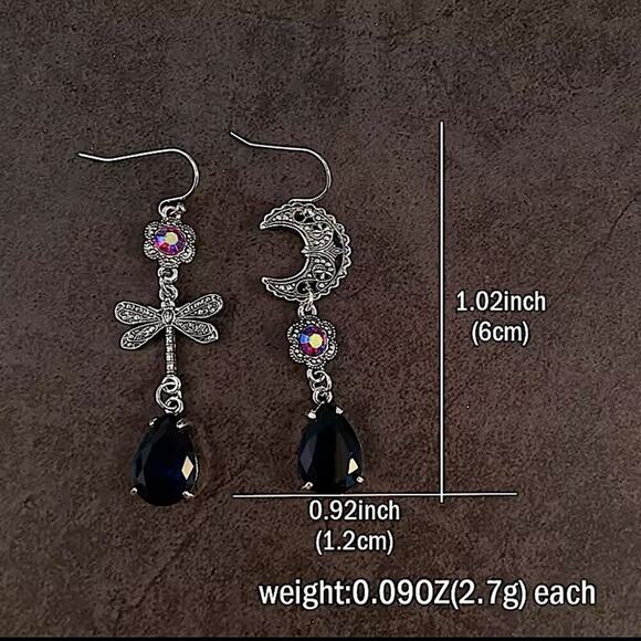 Sapphire Carved Moon Dragonfly Blue Zircon Asymmetric Earrings Women Girls Gift - Picture 5 of 5